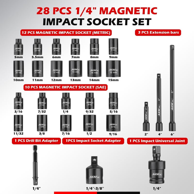 AKM TOOL 1/4 Inch Drive Magnetic Impact Socket Set, 28-Piece SAE/Metric, 1/4 Inch-9/16 Inch, 5mm-15mm, 6 Point, Cr-Mo, Square Drive, with Impact Socket Adapter, Universal Joint & Extension - Image 2